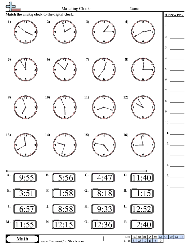 Matching Clocks (1 Minute Increments) worksheet